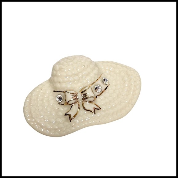 Lenox Jewelry - Lenox Hat Pin Brooch Rhinestone‎ Bow Cream Porcelain Sun Hat Lapel Pin